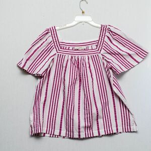 Loft Striped Square-Neck Top L White & Pink Cotton blend NEW